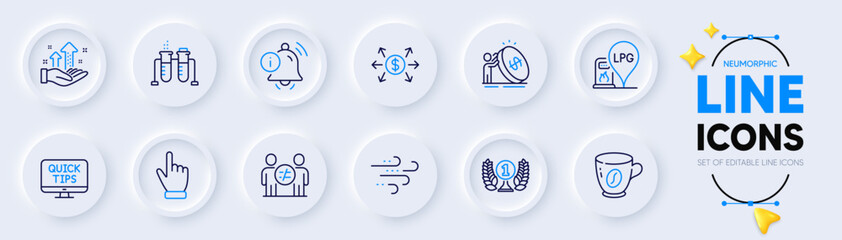 Dollar exchange, Windy weather and Chemistry beaker line icons for web app. Pack of Web tutorials, Information bell, Coffee pictogram icons. Cursor, Analysis graph, Discrimination signs. Vector