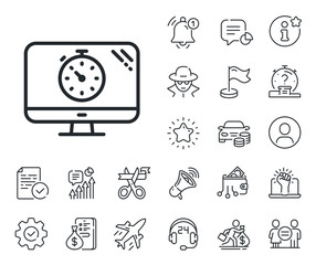 Search engine optimization sign. Salaryman, gender equality and alert bell outline icons. Seo timer line icon. Analytics symbol. Seo timer line sign. Spy or profile placeholder icon. Vector