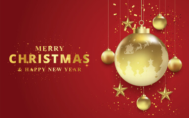 Merry christmas and happy new year greetings card vector template with christmas ball