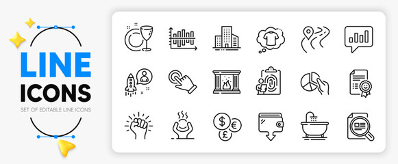 T-shirt, Smile and Analytical chat line icons set for app include Check article, Diagram chart, Buildings outline thin icon. Bath, Road, Empower pictogram icon. Pie chart, Money currency. Vector