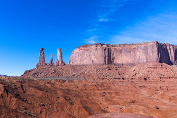 travel usa and north america, Monument Valley, view at the Three Sisters located close to John Ford Point 