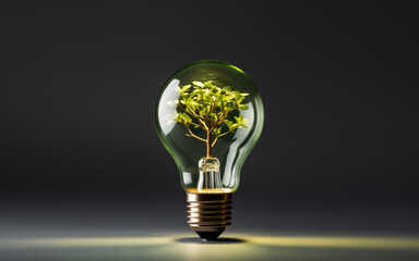 Light bulb with a tree growing inside. Concept of renewable energy, environmental protection, save energy and go green. Eco friendly energy to save the world. Copy space for text