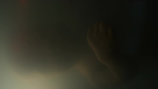 Closeup of silhouetted sleeping lab growing baby scanned with red light in artificial womb