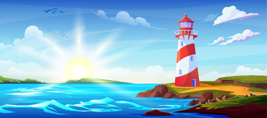 Summer cartoon landscape with lighthouse on rocky coast of ocean or sea. Vector panoramic illustration of seashore with light beacon tower on cliff, waved water, blue sky with sun and clouds. - obrazy, fototapety, plakaty