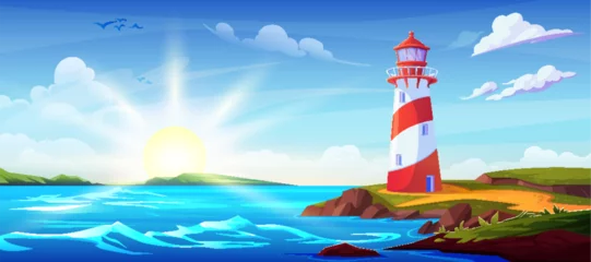 Photo sur Plexiglas Pool Summer cartoon landscape with lighthouse on rocky coast of ocean or sea. Vector panoramic illustration of seashore with light beacon tower on cliff, waved water, blue sky with sun and clouds.