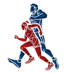 Fototapeta na wymiar Group of People Running Together Runner Marathon Male and Female Run Action Cartoon Sport Graphic Vector
