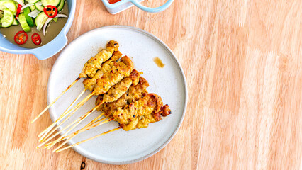 Moo Satay or Pork Satay, popular street food among Thai and foreign tourists. Thai street food