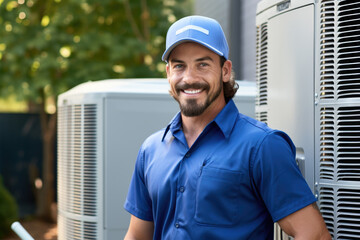 Man wearing blue shirt and cap standing next to air conditioner. This image can be used to illustrate concepts related to home cooling, energy efficiency, or HVAC systems