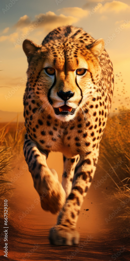 Poster a cheetah captured in motion as it runs across a dirt road. ideal for wildlife enthusiasts and natur