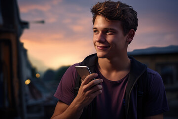 Young man holding smartphone in his hand. Perfect for technology and communication concepts