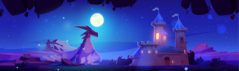 Large dragon sits near medieval castle at night under moonlight. Fantasy dangerous animal with wings and tail beside royal palace at dusk. Cartoon vector fairy tale landscape with kingdom and creature