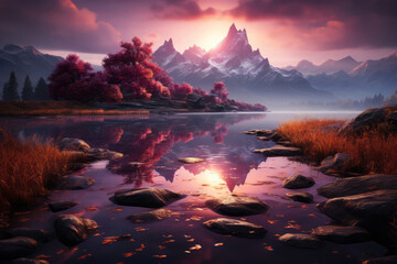 Tranquil Morning Reflections in Nature. Tranquil dawn over serene landscape amidst majestic mountains and reflective lake.