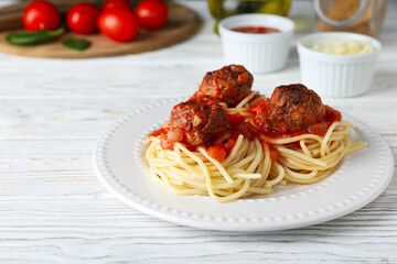 Pasta with meatballs, concept of tasty and delicious food