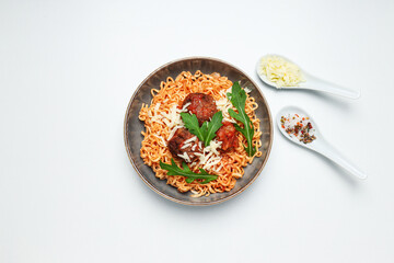 Pasta with meatballs, concept of tasty and delicious food