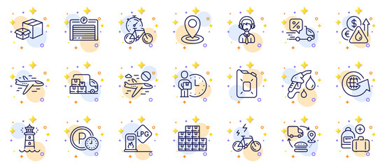 Outline set of E-bike, Packing boxes and Lighthouse line icons for web app. Include Petrol station, Canister oil, Bike timer pictogram icons. Delivery man, Fuel price, Supply chain signs. Vector