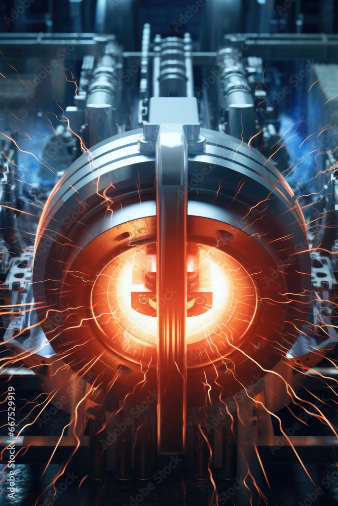Poster a detailed close-up view of a machine emitting sparks. this image can be used to illustrate industri