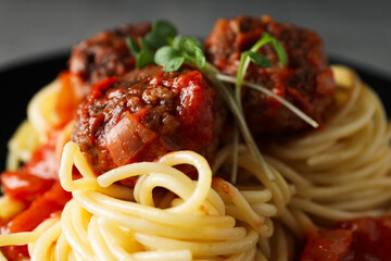 Pasta with meatballs, concept of tasty and delicious food