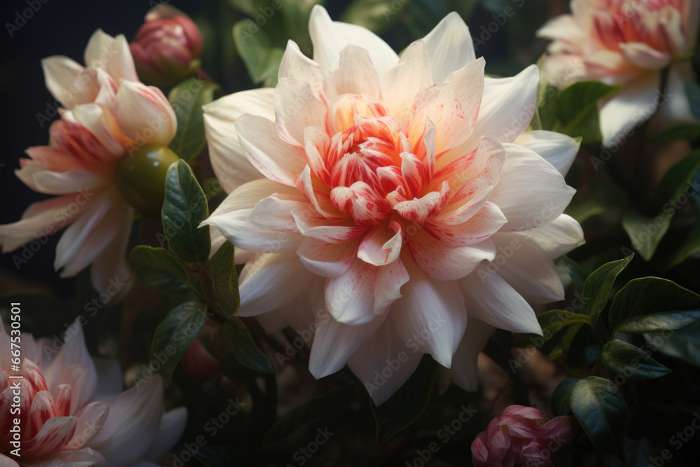 Poster a close-up photograph showcasing the delicate beauty of a pink and white flower. perfect for adding 