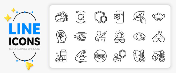 Stop stress, Best glasses and Vegetables line icons set for app include Farsightedness, Sick man, Shields outline thin icon. Fever, Medical helicopter, Medical drugs pictogram icon. Vector