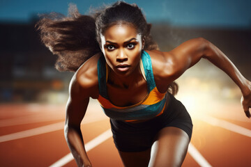 Fototapeta premium Woman is seen running on track with her hair flowing in wind. Energy and determination of active lifestyle. Perfect for fitness, wellness, and sports-related projects