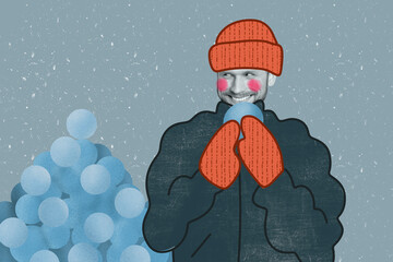 Creative retro 3d magazine collage image of tricky cunning guy playing snow balls isolated grey...