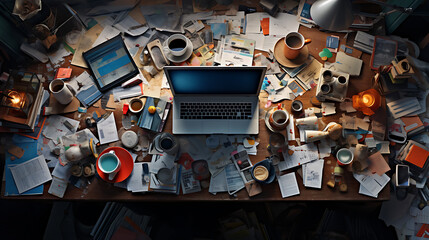 Bird's-eye View of a Chaotic Office Desk - obrazy, fototapety, plakaty