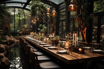 Fototapeta na wymiar Modern restaurant with dark interior decorated for wedding