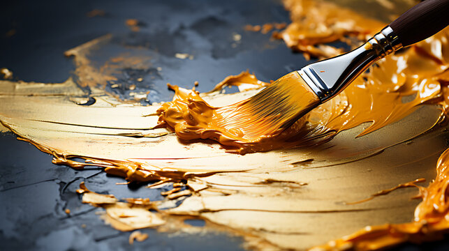 Isolated Paintbrush Applying Gold Leaf to a Canvas