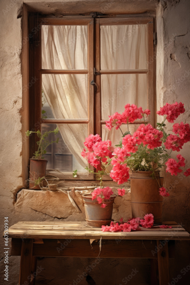 Poster A wooden table with a variety of potted flowers is positioned next to a window. This versatile image can be used to add a touch of nature and beauty to various projects.