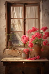 Fototapeta na wymiar A wooden table with a variety of potted flowers is positioned next to a window. This versatile image can be used to add a touch of nature and beauty to various projects.