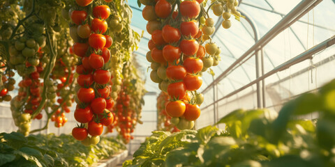 A cluster of ripe tomatoes suspended from the ceiling of a greenhouse. This image can be used to showcase sustainable agriculture practices and the benefits of vertical farming.