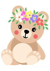 Adorable teddy bear with wreath floral on head
