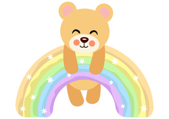 Obraz na płótnie Canvas Cute teddy bear hanging on magic rainbow