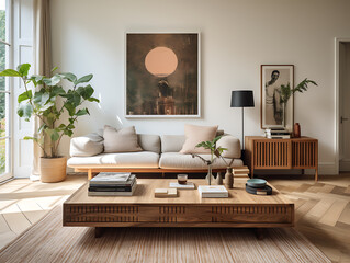 Scandinavian Living Room with Palm Wood and Ecru Walls