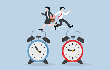 Swap work shifts, shift management and flexibility at work concept, Businessman jumping to working clock of colleague while his colleague jumping to his working clock.
