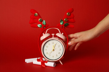 Clock with deer horns, new year concept.