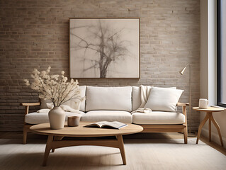Scandinavian Living Room with Teak Planks and Linen Walls