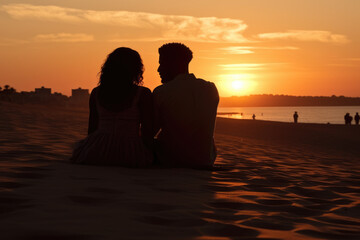 Picture of man and woman sitting on beach at sunset. Perfect for travel or romantic-themed projects