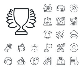 Winner Trophy with Laurel wreath symbol. Salaryman, gender equality and alert bell outline icons. Award cup line icon. Sports achievement sign. Winner line sign. Vector