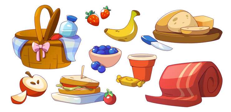 Wicker basket with rolled red blanket and food and drinks for picnic in park. Cartoon ready-to-eat meals and accessories for outdoor lunch - sandwich and bread, fruits and berries, water in bottle.