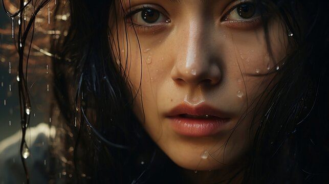 Young korean teen girl suffering under the rain, closeup portrait. dorama