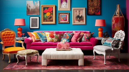 An eclectic sitting area, with mismatched furniture, vibrant throw pillows, and an assortment of wall art.
