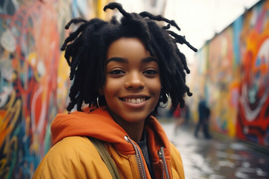 Woman with dreadlocks stands confidently in front of vibrant and colorful graffiti covered wall. This image can be used to represent urban culture, street art, diversity, or individuality