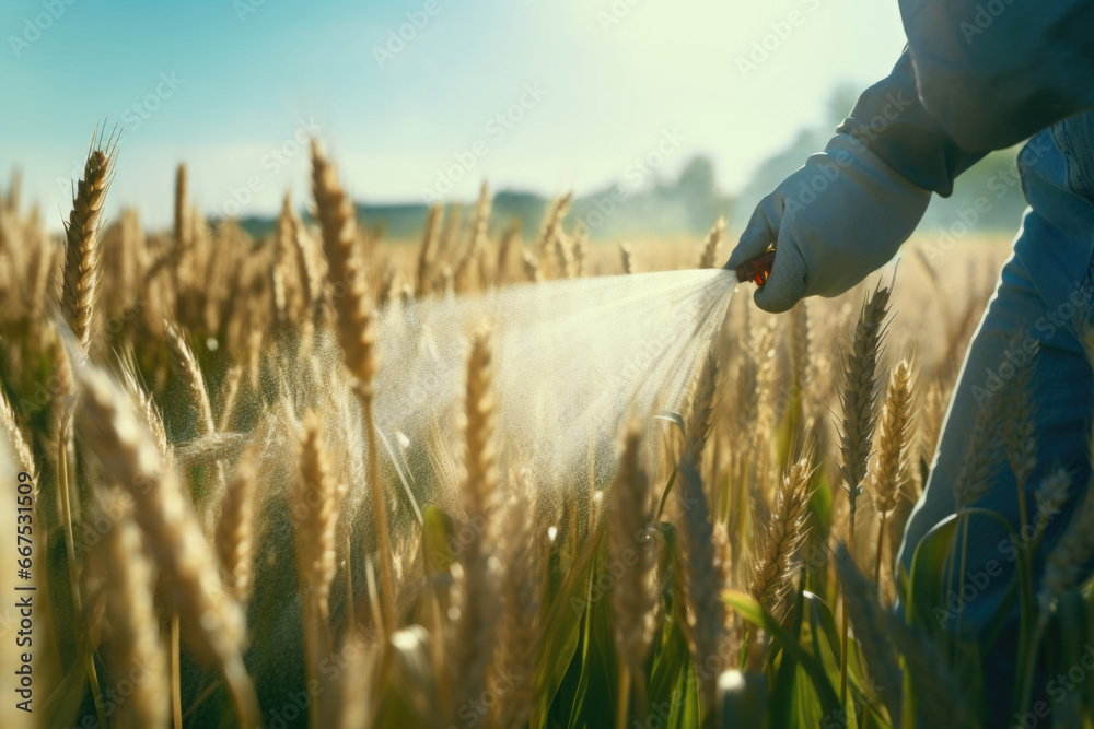 Poster a person is seen spraying water on a vast field of wheat. this image can be used to depict agricultu