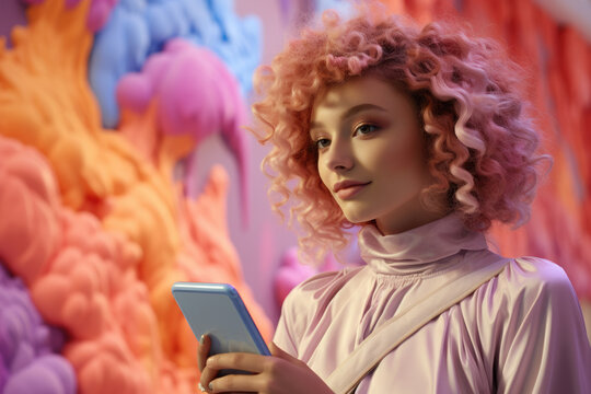 Woman with vibrant pink hair holding cell phone. This image can be used to illustrate modern technology, communication, or use of smartphones in daily life
