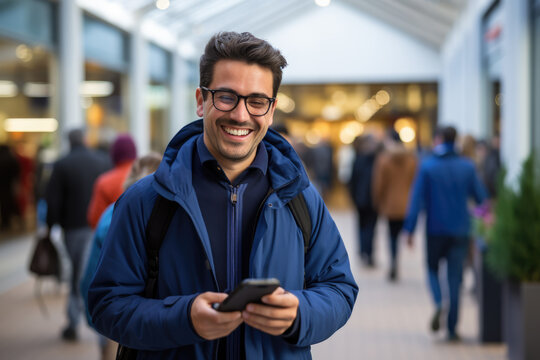 Man is captured in moment of joy as he smiles while looking at his cell phone. This image can be used to depict happiness, modern technology, communication, or social media