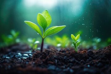 Picture of green plant sprouting out of ground. This image can be used to represent growth, nature, and new beginnings.