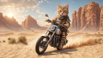 a cat riding a motorcycle in the desert with a desert landscape behind it and a mountain - obrazy, fototapety, plakaty