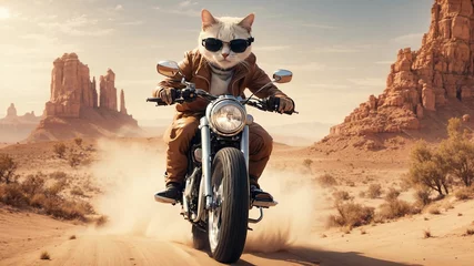 Zelfklevend Fotobehang a cat wearing sunglasses riding a motorcycle in the desert © akarawit