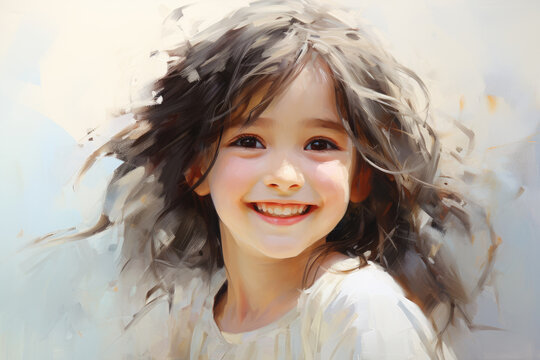 Painting of little girl with big smile. This picture can be used to depict happiness and joy